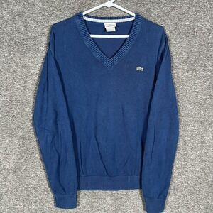 Lacoste Sweater Mens Small Blue V Neck 100% Cotton‎ Knit Pullover Classic